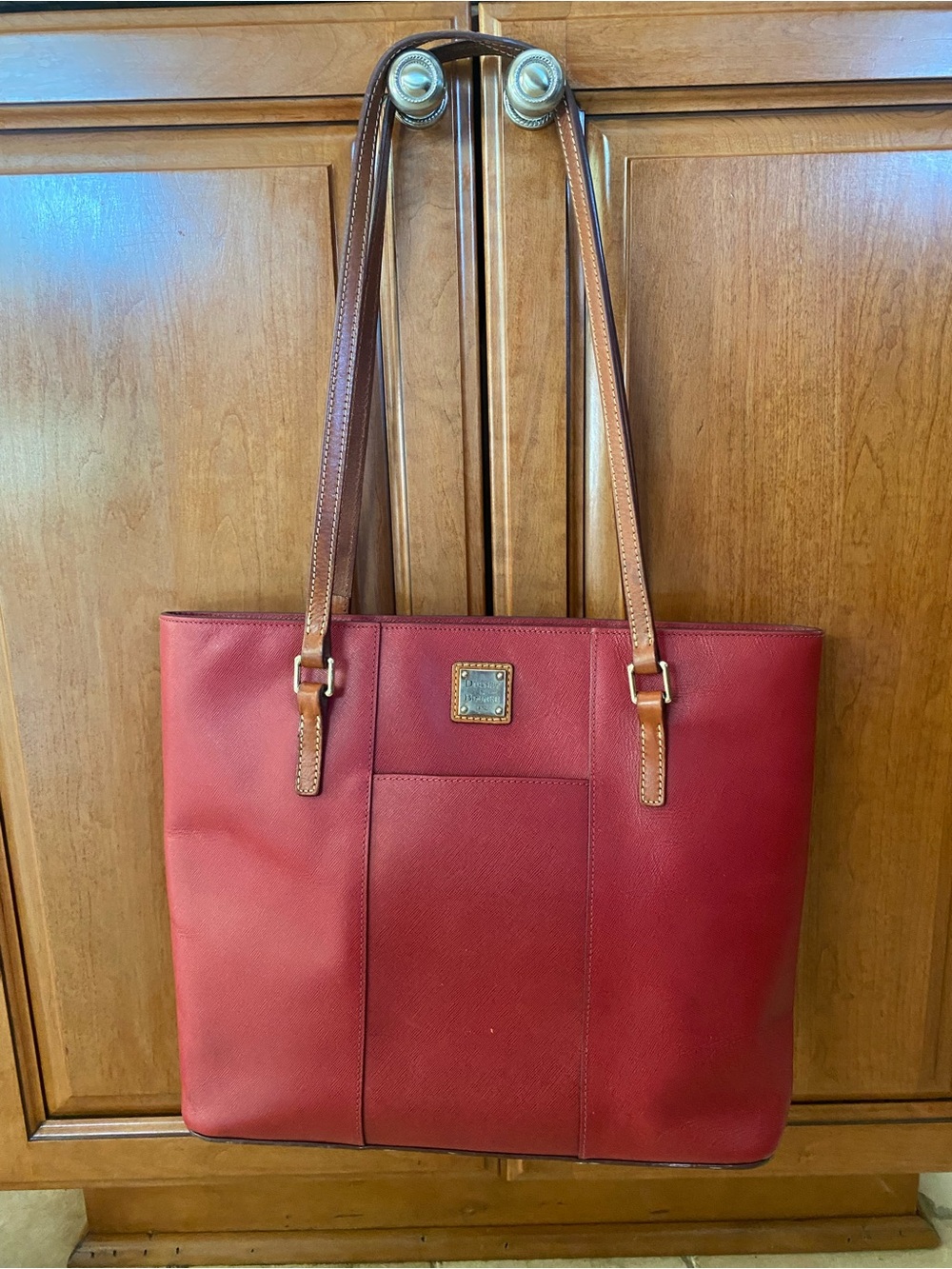Dooney & Bourke Red Leather Tote with Brown Straps and Gold Logo